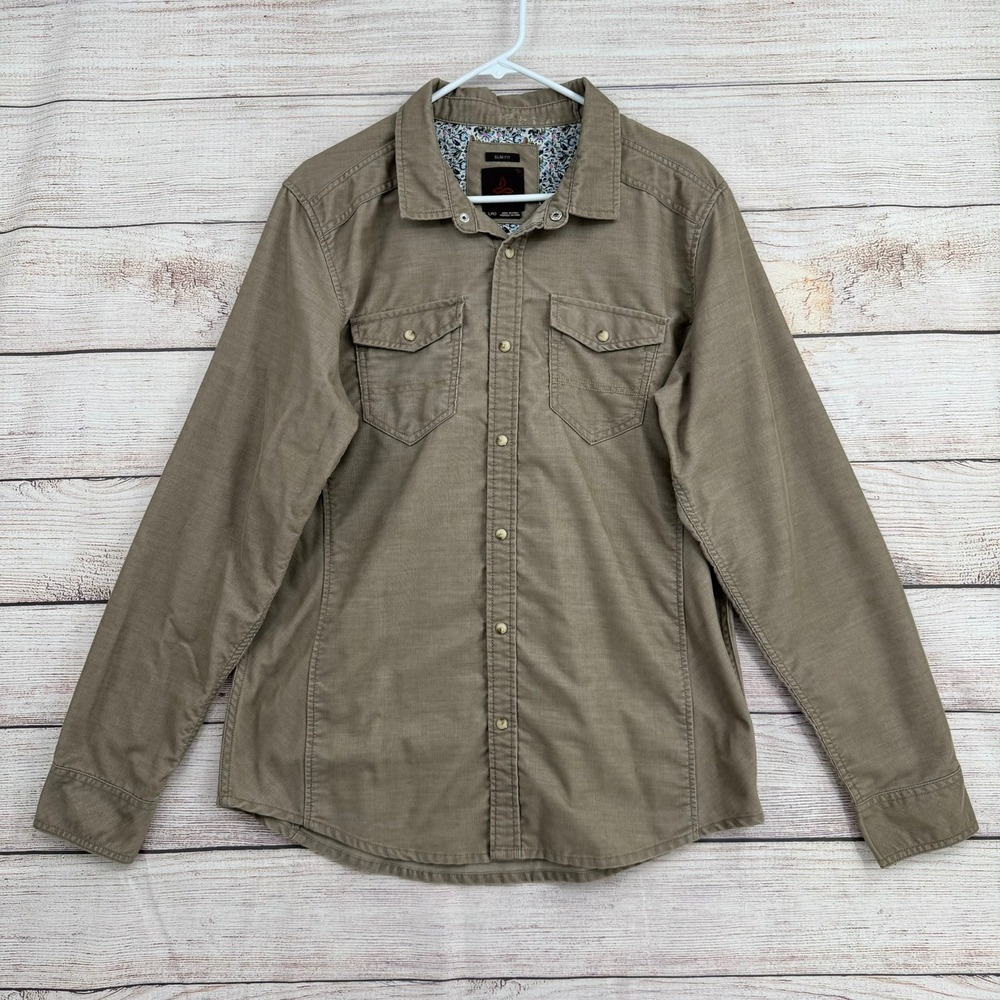 Prana Button Up Shirt Mens LRG Brown Slim Fit Corduroy Style M2KELL314